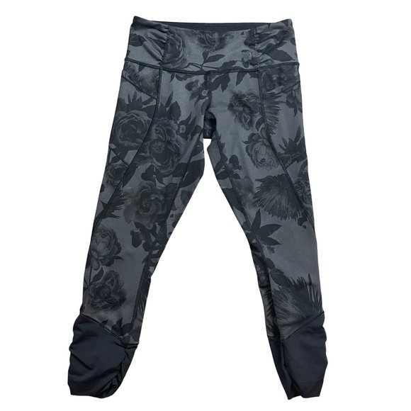 Lululemon Practice Daily Crop Leggings Women's Size‎ 6 Brisk Bloom Black Soot - Picture 1 of 14